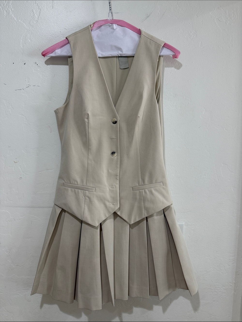 Zara Beige Sleeveless Pleated V-Neck Mini Dress Vest